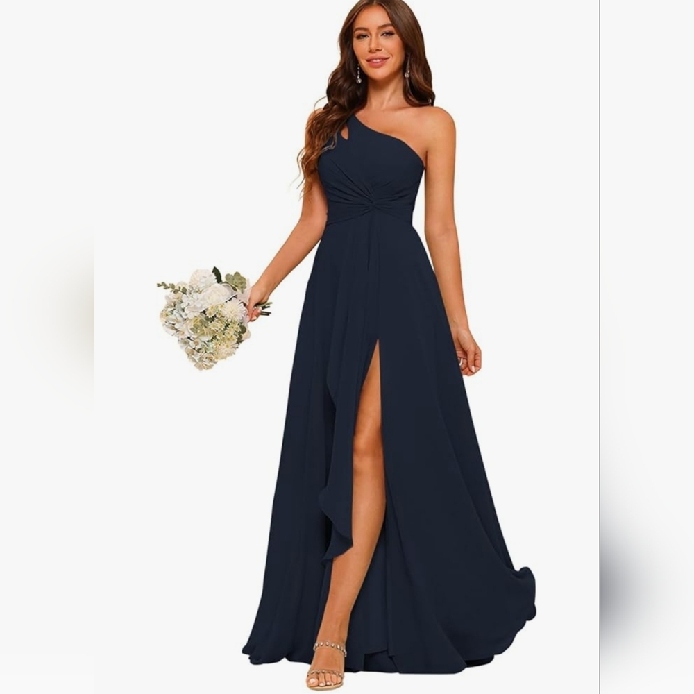 NEW Navy Blue Chiffon One-Shoulder A-Line Empire Waist Dress With Pockets